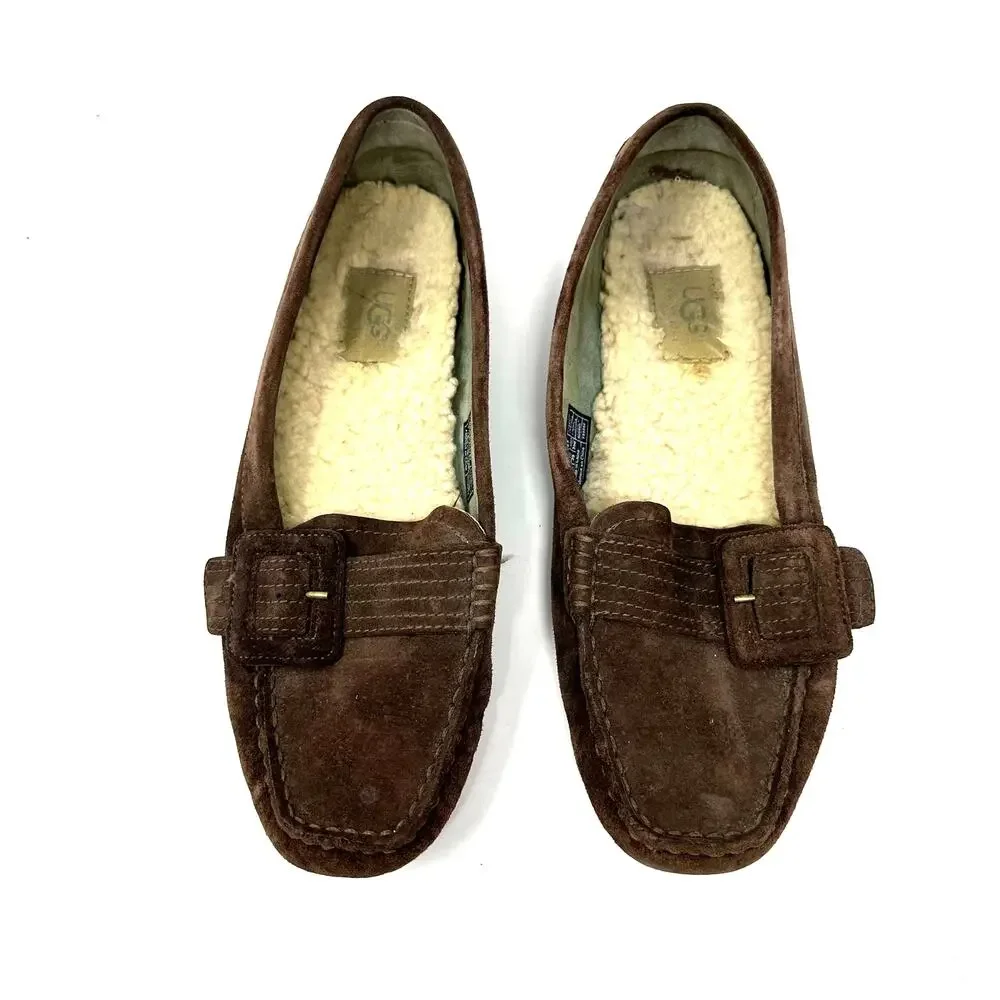 UGG Size 8 Slip On Brown Leather Sherpa‎ Lined Buckle Flats Tread Moccasins